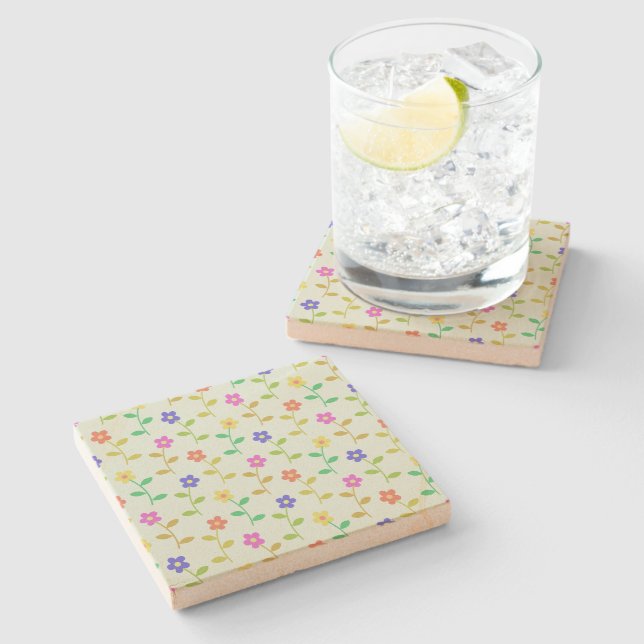 Colourful Flowers, Floral Pattern, Greenery, Boho Stone Coaster (Side)
