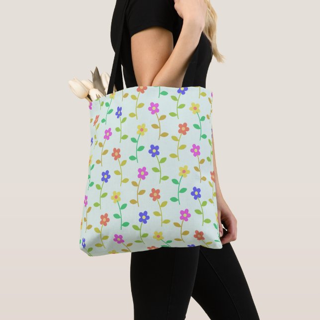 Colourful Flowers, Floral Pattern, Greenery, Boho Tote Bag (Close Up)