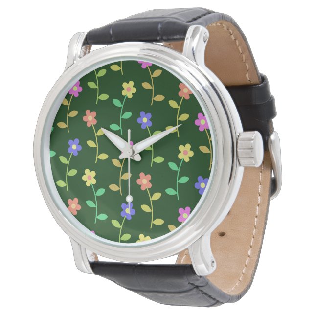 Colourful Flowers, Floral Pattern, Greenery, Boho Watch (Angled)
