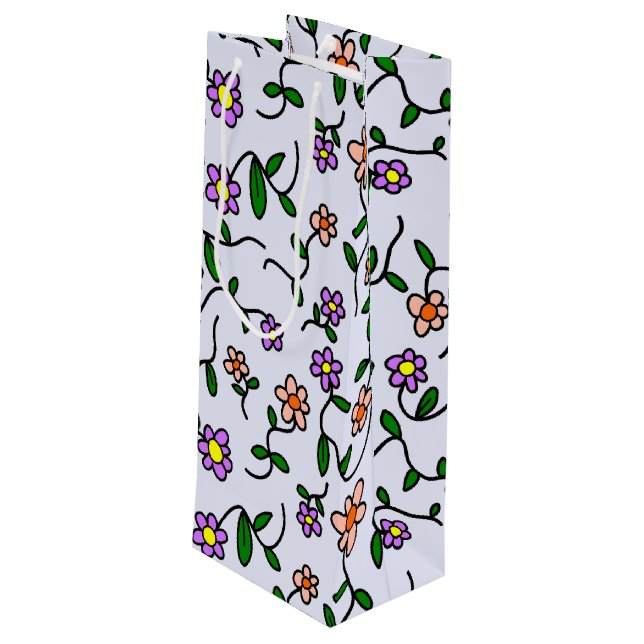 Colourful Flowers, Floral Pattern, Greenery, Boho Wine Gift Bag (Back Angled)
