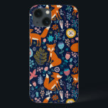Colourful Flowers & Foxes Pattern iPhone 13 Case<br><div class="desc">Colourful retro flowers cute birds and red foxes cartoon style illustration on dark blue background colour you can change</div>