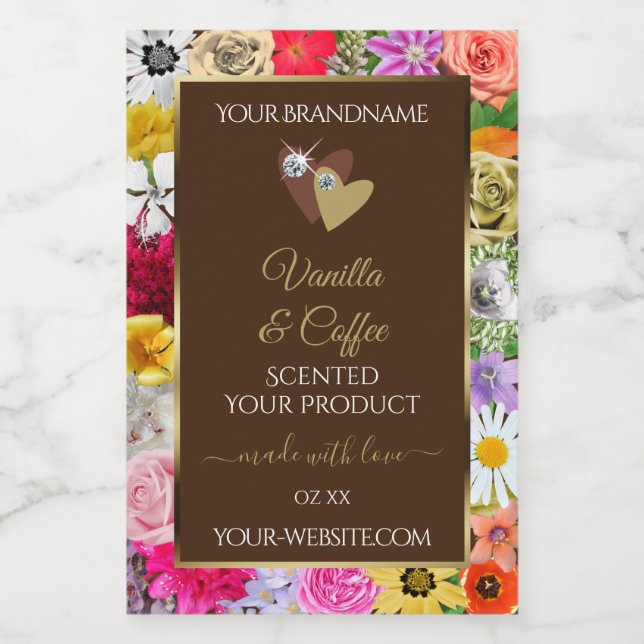 Colourful Flowers Frame Brown Product Labels Heart (Single Label)