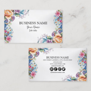 Colourful Flowers Frame Leaves Modern Elegant  Business Card