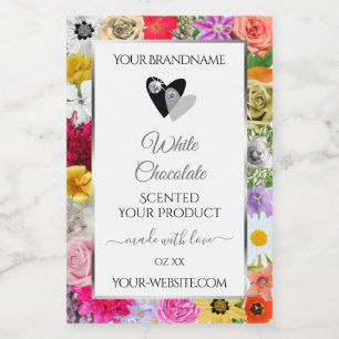 Colourful Flowers Frame White Product Labels Heart