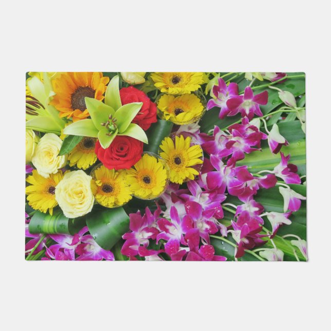 colourful+ flowers,    garden+ gnome, doormat (Front)