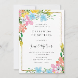 Colourful Flowers Gold Border Spanish Bridal Showe Invitation