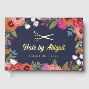 Colourful Flowers Gold Scissor Hair Salon Guest Book