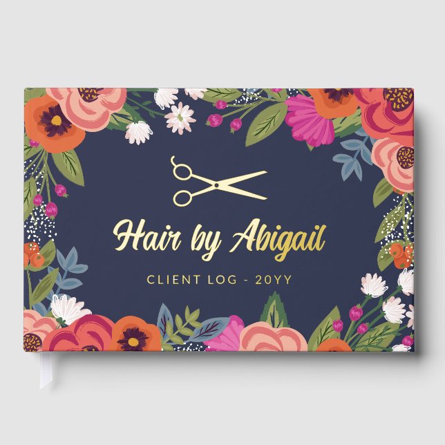 Colourful Flowers Gold Scissor Hair Salon Guest Book (Front)