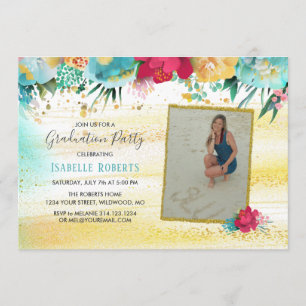 Colourful Flowers Gold Sparkle Glitter Graduation Invitation