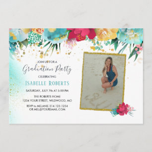 Colourful Flowers Gold Sparkle Glitter Graduation Invitation
