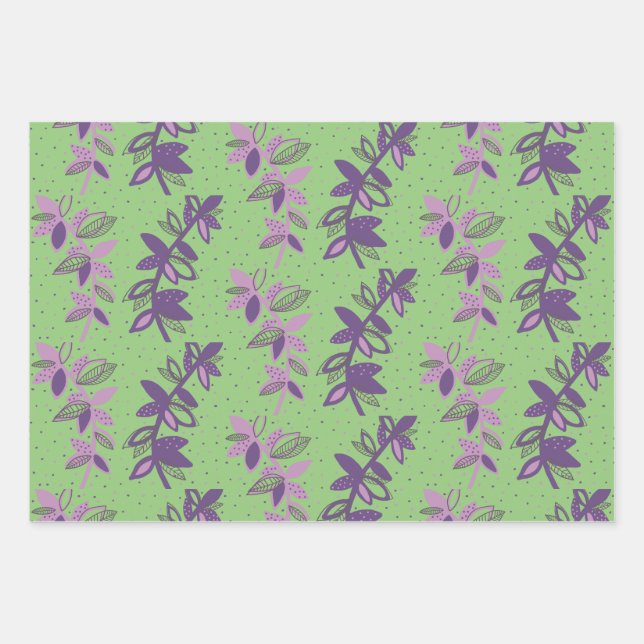 Colourful flowers green and purple wrapping paper  (Front)