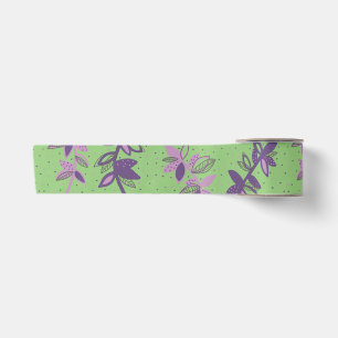 Colourful flowers green and purple wrapping paper satin ribbon