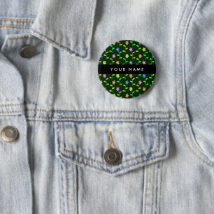Colourful Flowers, Green Background, Black 2 Inch Round Button
