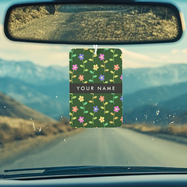Colourful Flowers, Green Background, Black Air Freshener (Creator Uploaded)
