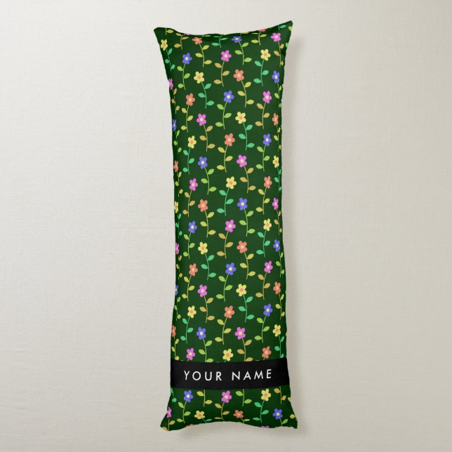 Colourful Flowers, Green Background, Black Body Pillow (Back (Vertical))