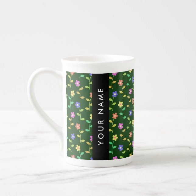 Colourful Flowers, Green Background, Black Bone China Mug (Left)