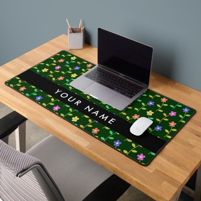 Colourful Flowers, Green Background, Black Desk Mat (Office 2)