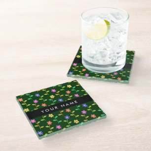 Colourful Flowers, Green Background, Black Glass Coaster