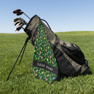 Colourful Flowers, Green Background, Black Golf Towel