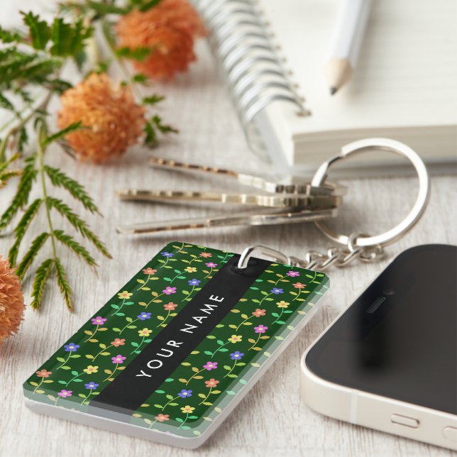 Colourful Flowers, Green Background, Black Keychain (Front Right)