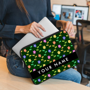 Colourful Flowers, Green Background, Black Laptop Sleeve