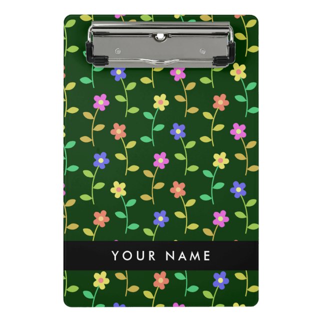 Colourful Flowers, Green Background, Black Mini Clipboard (Front)