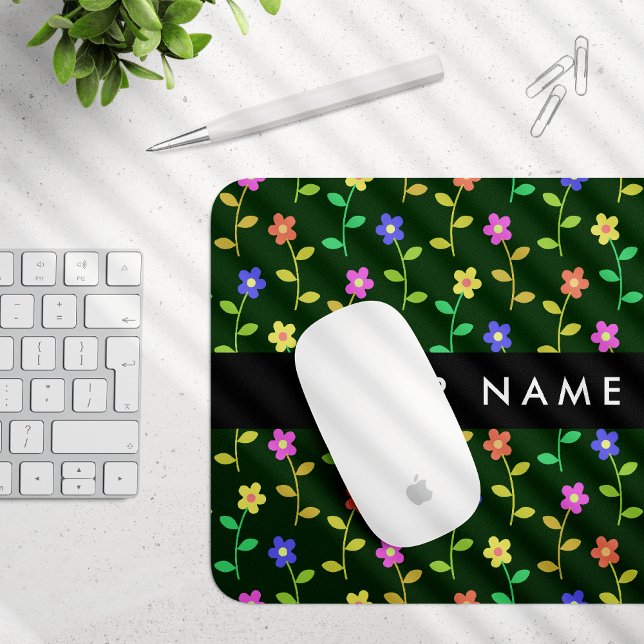 Colourful Flowers, Green Background, Black Mouse Pad (Creator Uploaded)