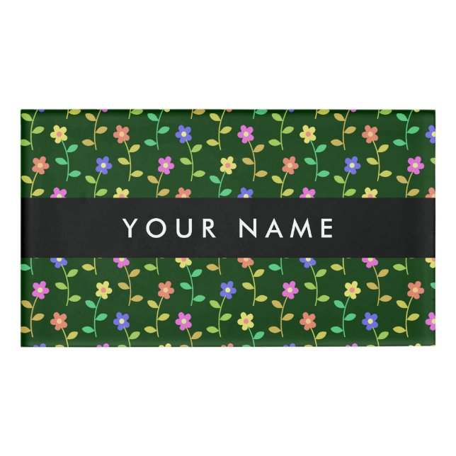 Colourful Flowers, Green Background, Black Name Tag (Front)