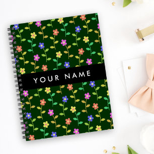 Colourful Flowers, Green Background, Black Notebook