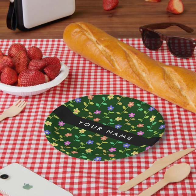 Colourful Flowers, Green Background, Black Paper Plate (Picnic)