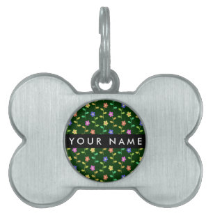 Colourful Flowers, Green Background, Black Pet ID Tag
