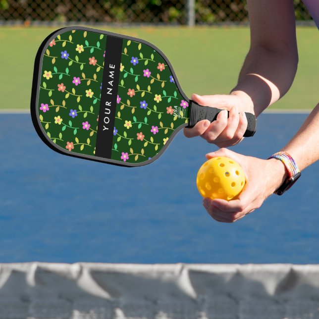 Colourful Flowers, Green Background, Black Pickleball Paddle (Insitu)