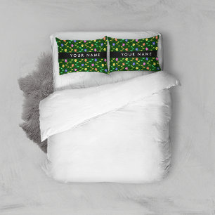 Colourful Flowers, Green Background, Black Pillowcase