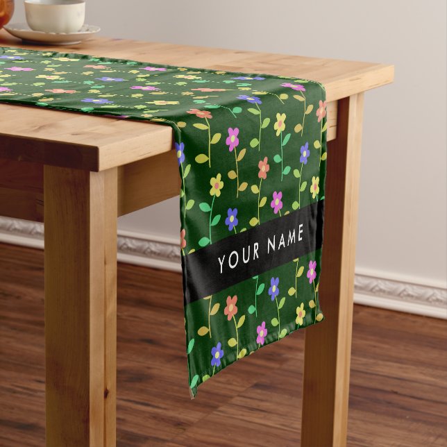 Colourful Flowers, Green Background, Black Short Table Runner (In Situ)