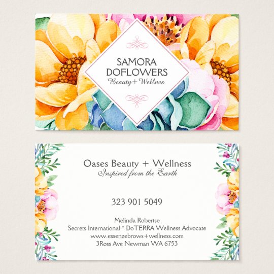 Colourful Flowers & Green Cactus Watercolors Business Card