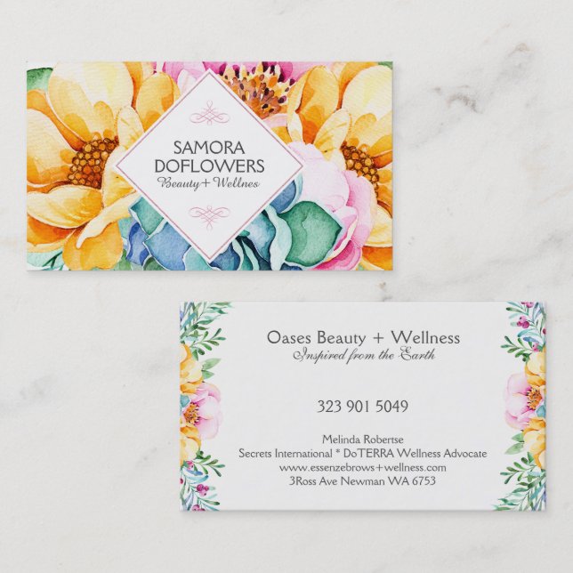 Colourful  Flowers & Green Cactus Watercolors Business Card (Front/Back)