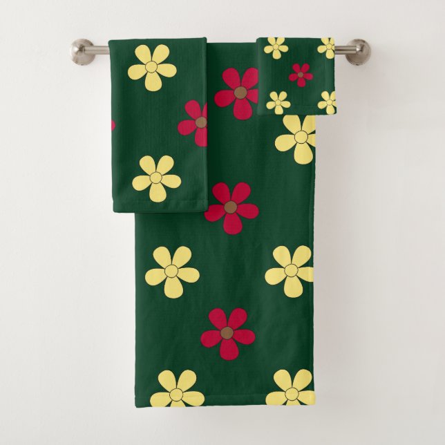 Colourful Flowers Green Decorative Floral Pattern Bath Towel Set (Insitu)