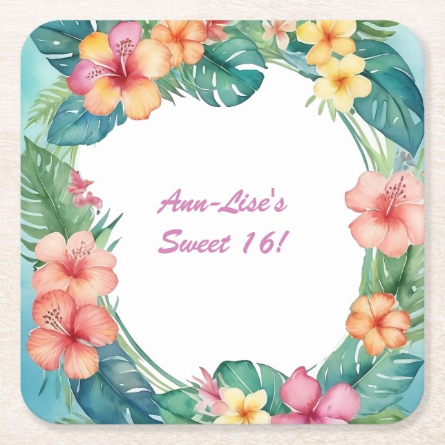 Colourful Flowers Hawaii Birthday Square Paper Coaster (Front)