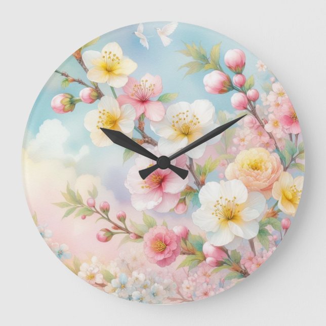 Colourful flowers in soft pastel colours watercolo large clock (Front)