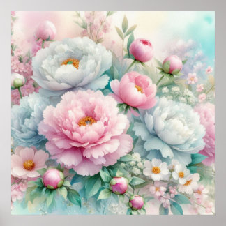 Colourful flowers in soft pastel colours watercolo poster