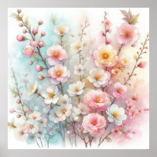 Colourful flowers in soft pastel colours watercolo poster