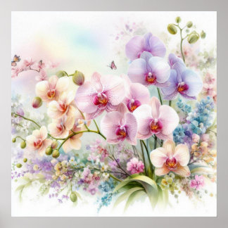 Colourful flowers in soft pastel colours watercolo poster