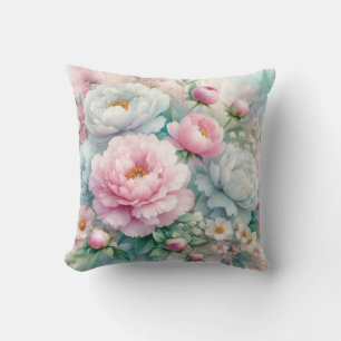 Colourful flowers in soft pastel colours watercolo throw pillow