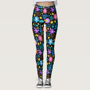 Colourful flowers in sparkling stars pattern Black Leggings