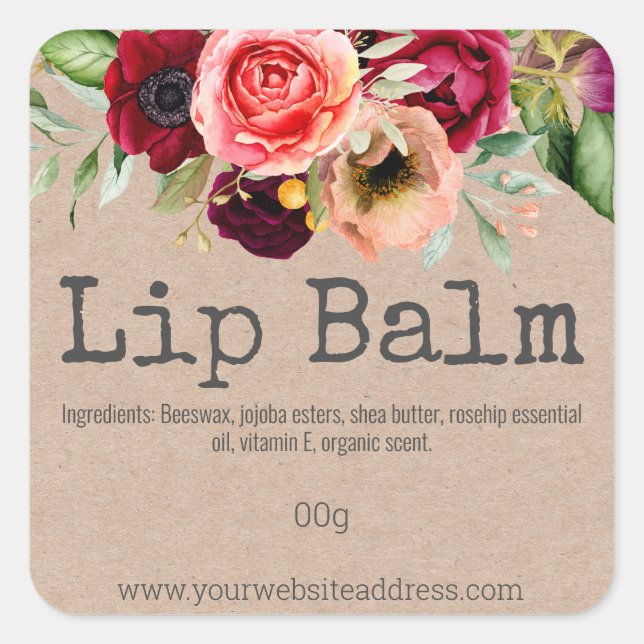Colourful Flowers Kraft Lip Balm Tube Labels (Front)