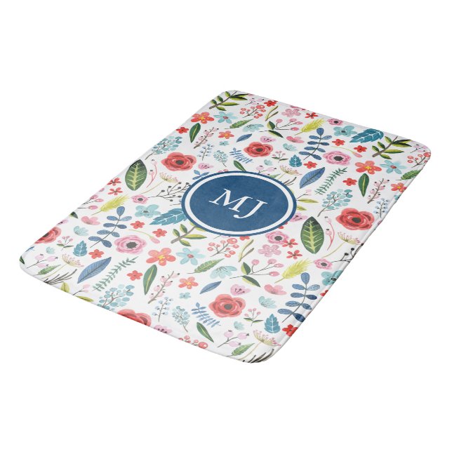 Colourful Flowers & Leafs Botanical Pattern Bath Mat (Angled)
