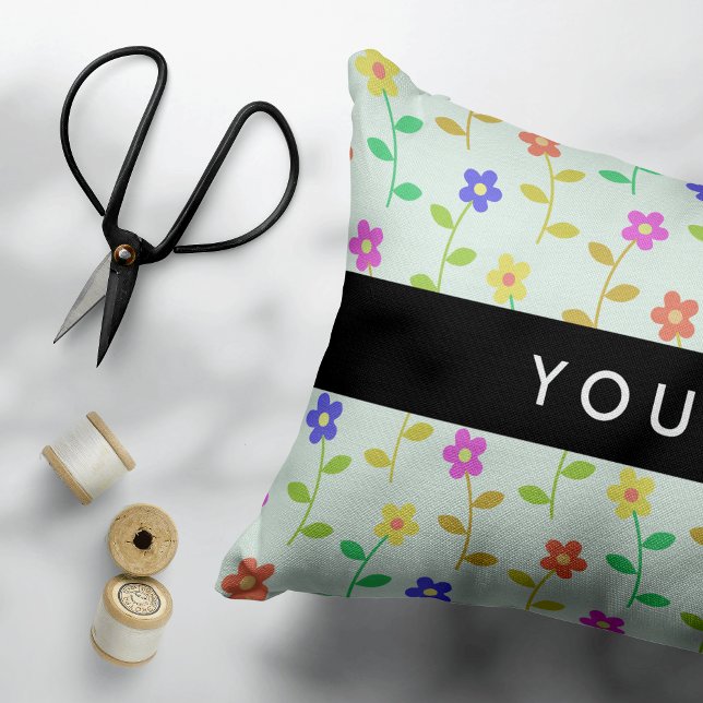 Colourful Flowers, Light Green Background, Black Accent Pillow (Creator Uploaded)