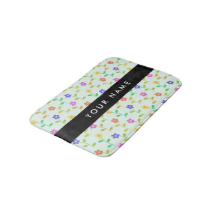 Colourful Flowers, Light Green Background, Black Bath Mat
