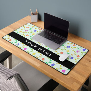 Colourful Flowers, Light Green Background, Black Desk Mat