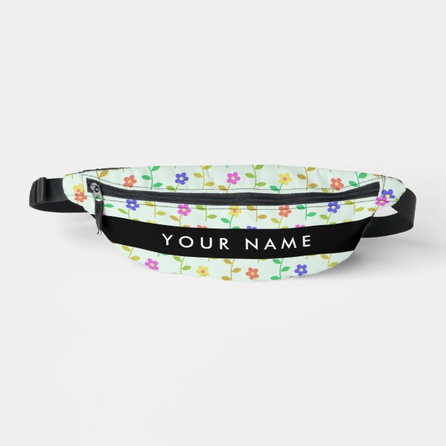 Colourful Flowers, Light Green Background, Black Fanny Pack (Front)